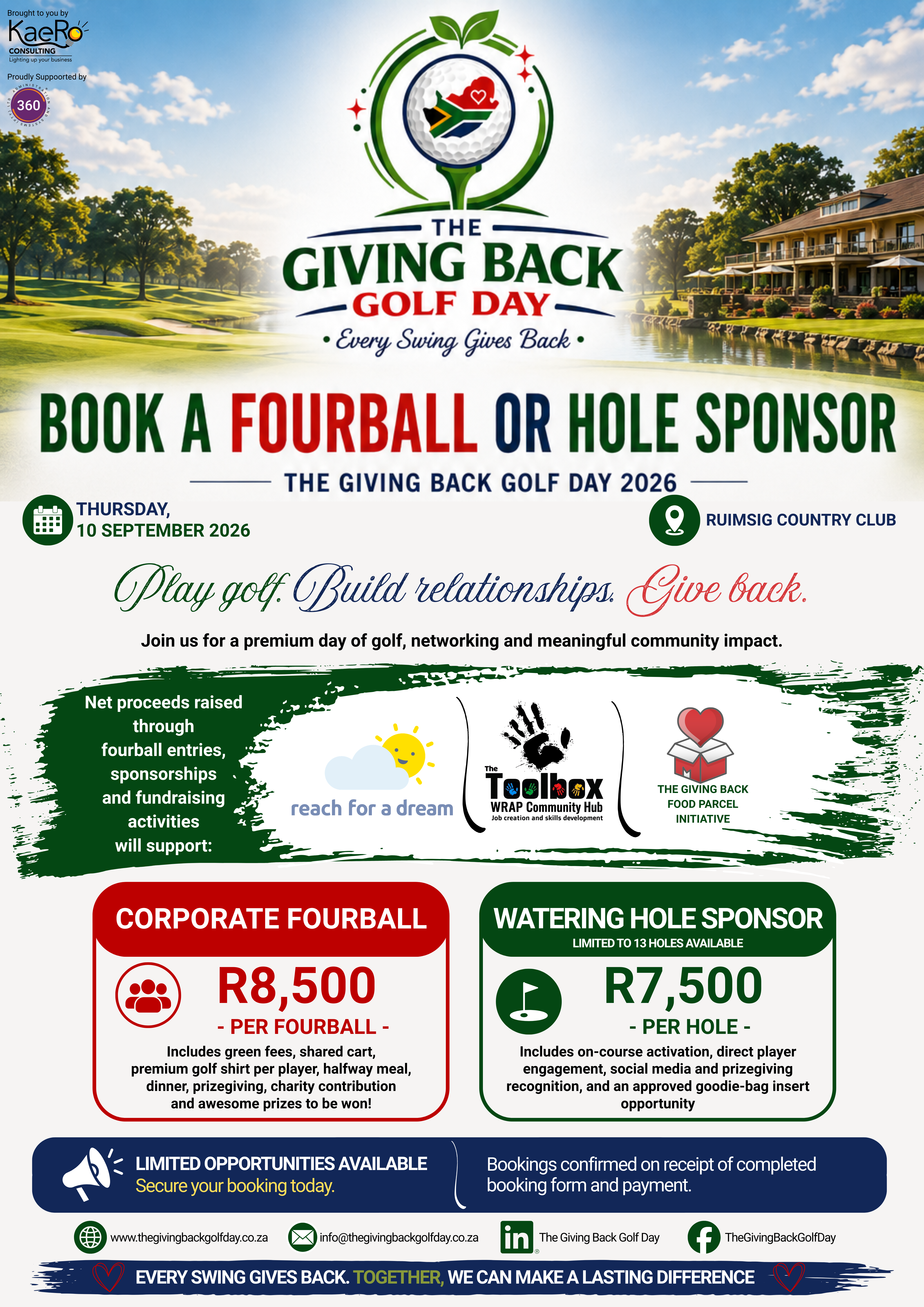 Book a corporate fourball or watering hole sponsor flyer for The Giving Back Golf Day 2026